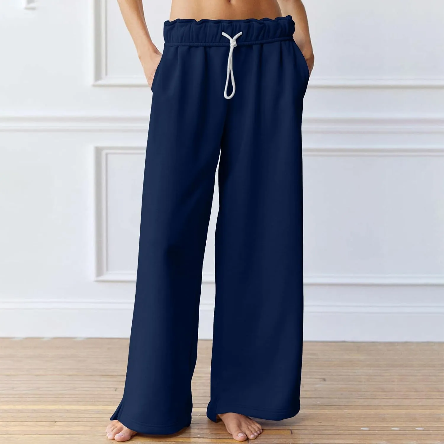 Baggy Sweat Pants for Women Elastic Wide Leg Pant Drawstring Elastic Waist Trouser Solid Plus Size Pant with Pockets