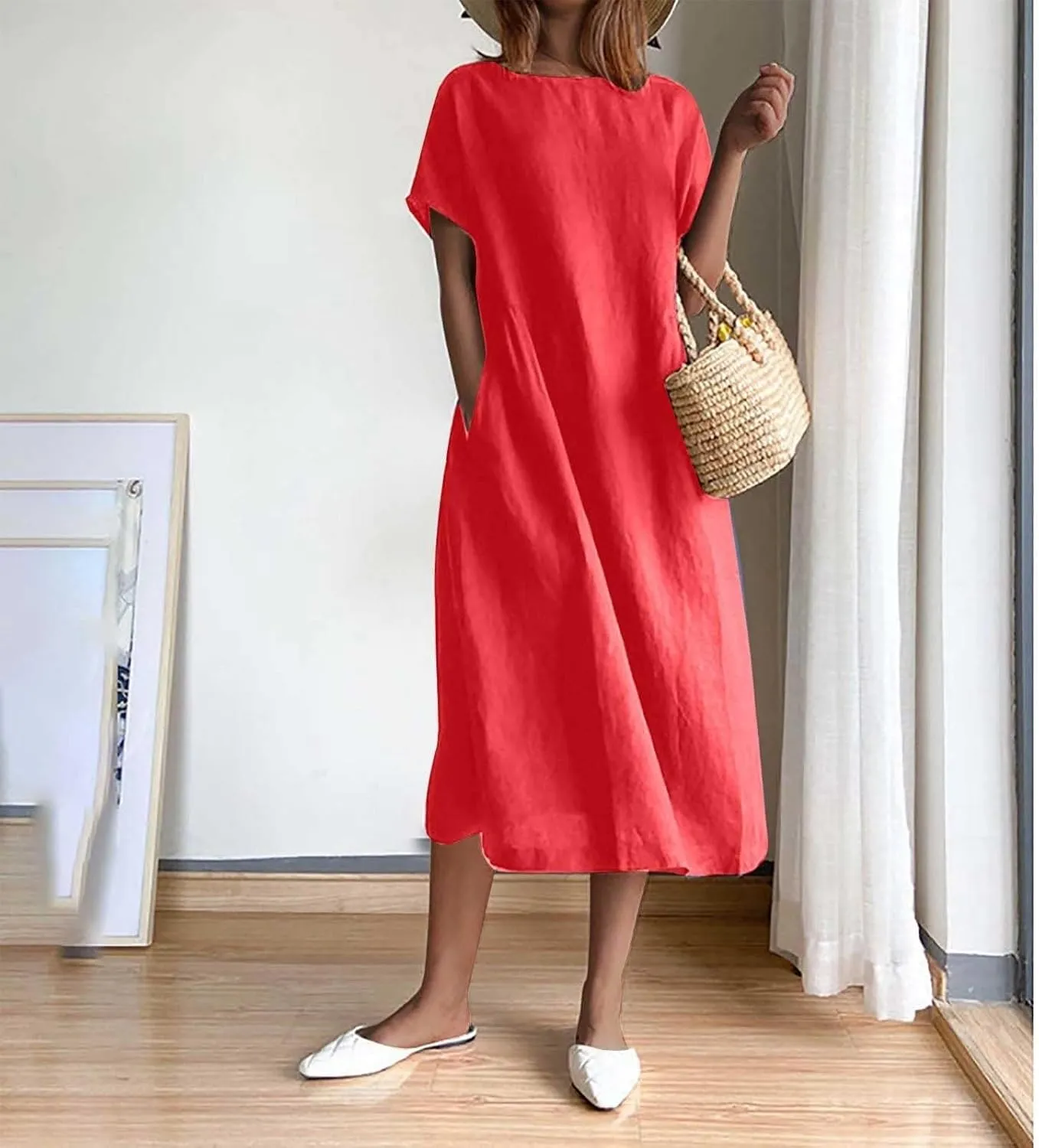 Beach Dresses for Women 2025 Vacation Summer Short Sleeve Cotton Linen Midi Dress Flowy Dresses Shirt Dress with Pocket