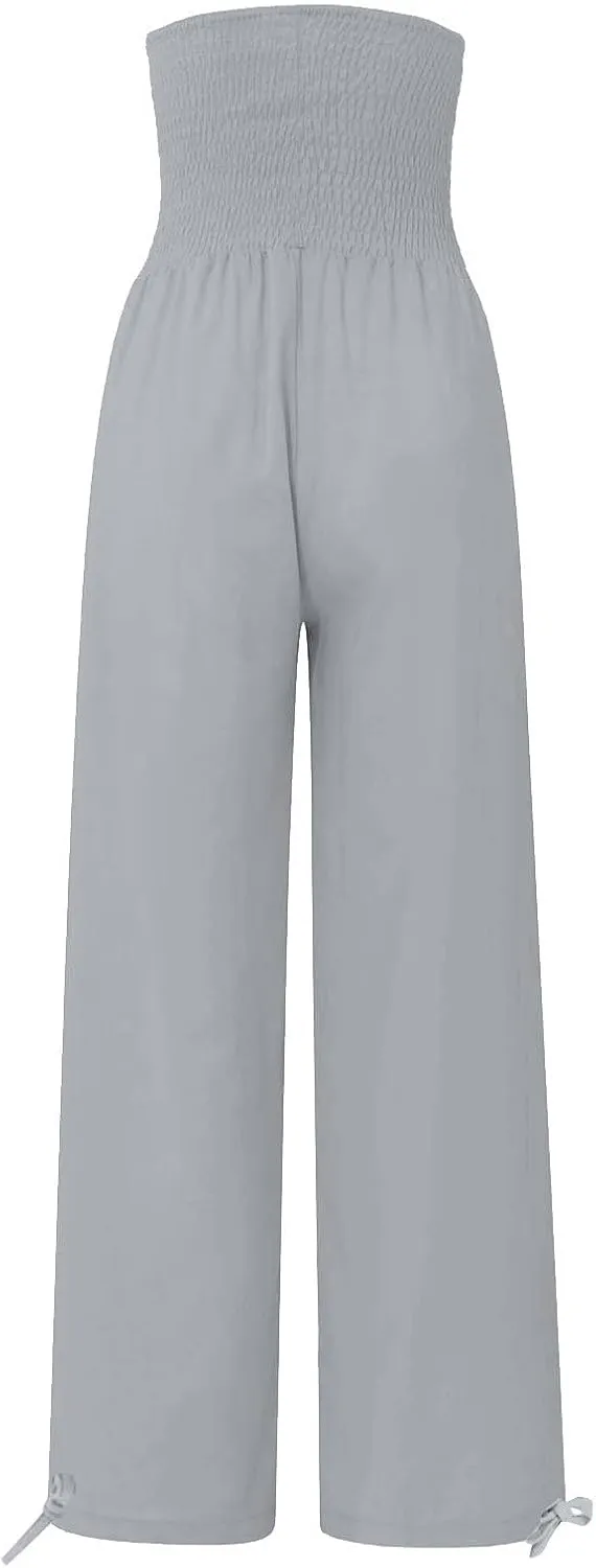 Beach Pants for Women Straight Leg Beach Pants Drawstring Elastic Waist Dressy Joggers Linen Wide Leg Long Trousers