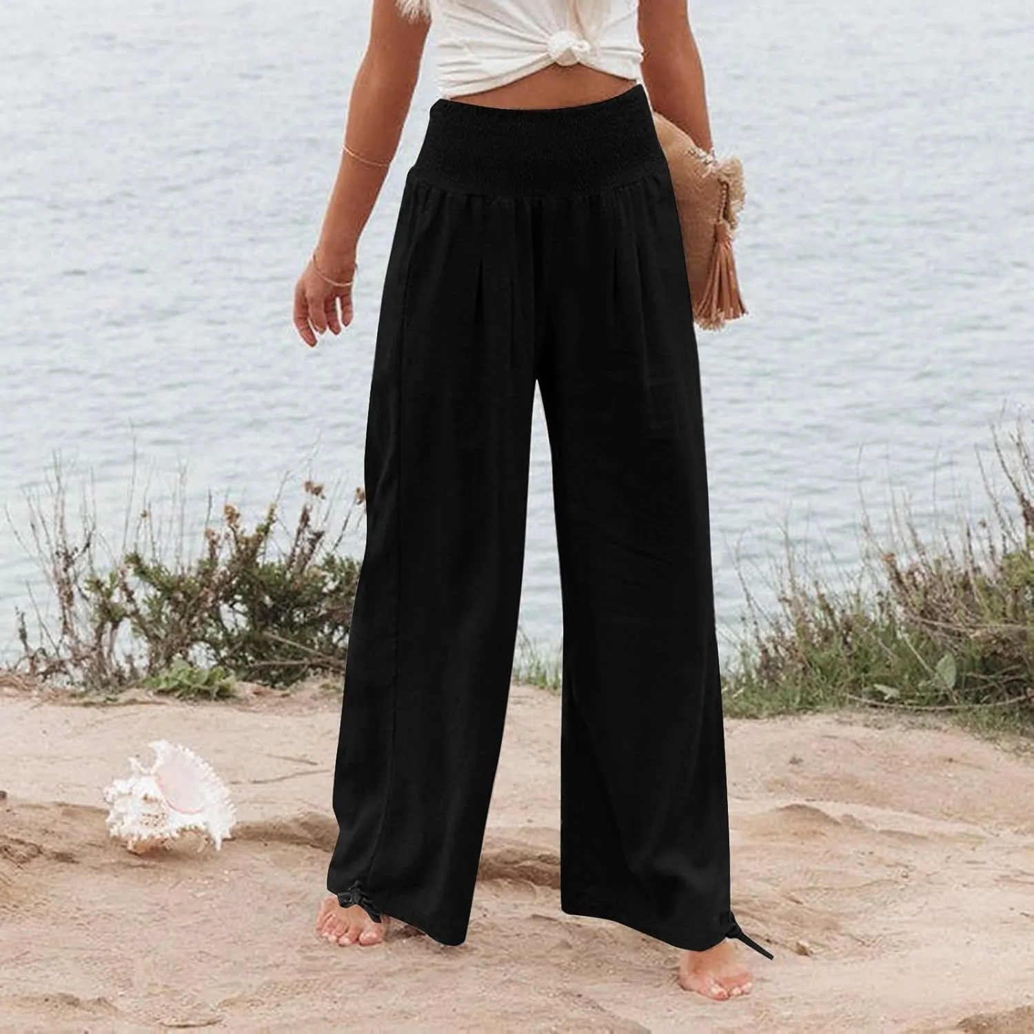 Beach Pants for Women Straight Leg Beach Pants Drawstring Elastic Waist Dressy Joggers Linen Wide Leg Long Trousers
