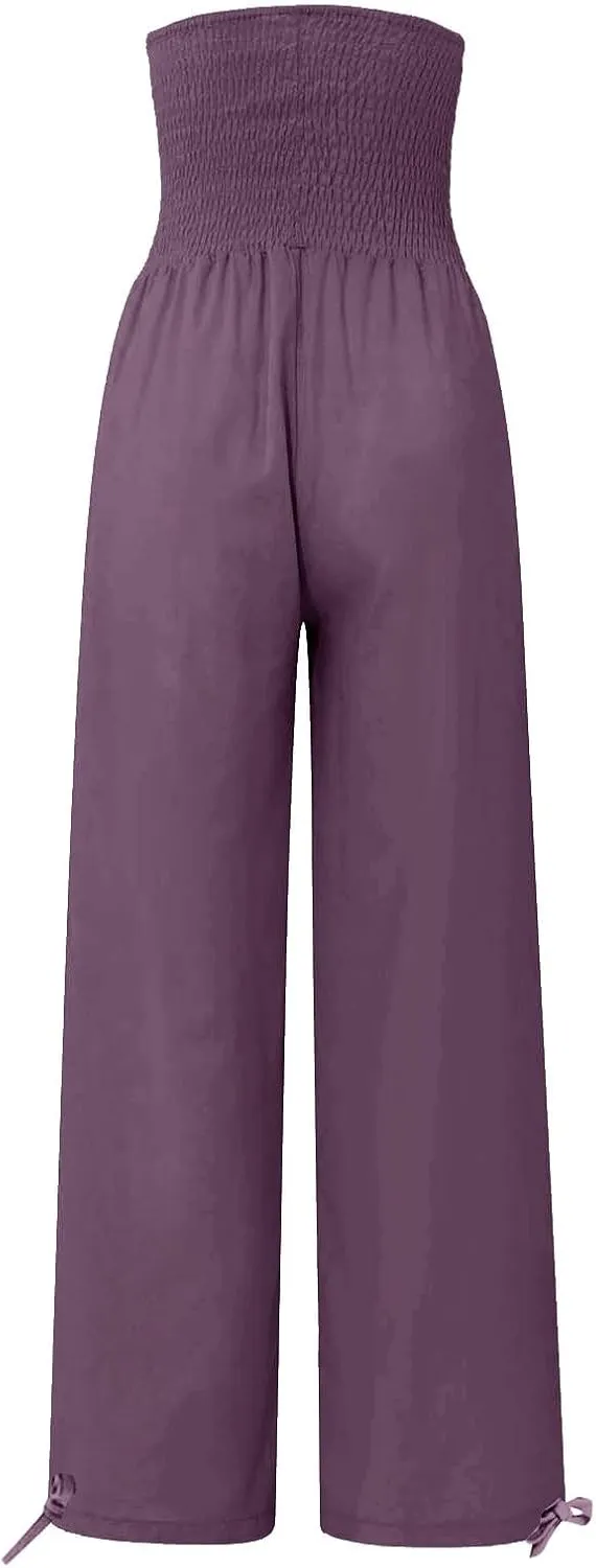 Beach Pants for Women Straight Leg Beach Pants Drawstring Elastic Waist Dressy Joggers Linen Wide Leg Long Trousers