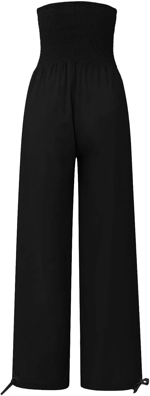 Beach Pants for Women Straight Leg Beach Pants Drawstring Elastic Waist Dressy Joggers Linen Wide Leg Long Trousers