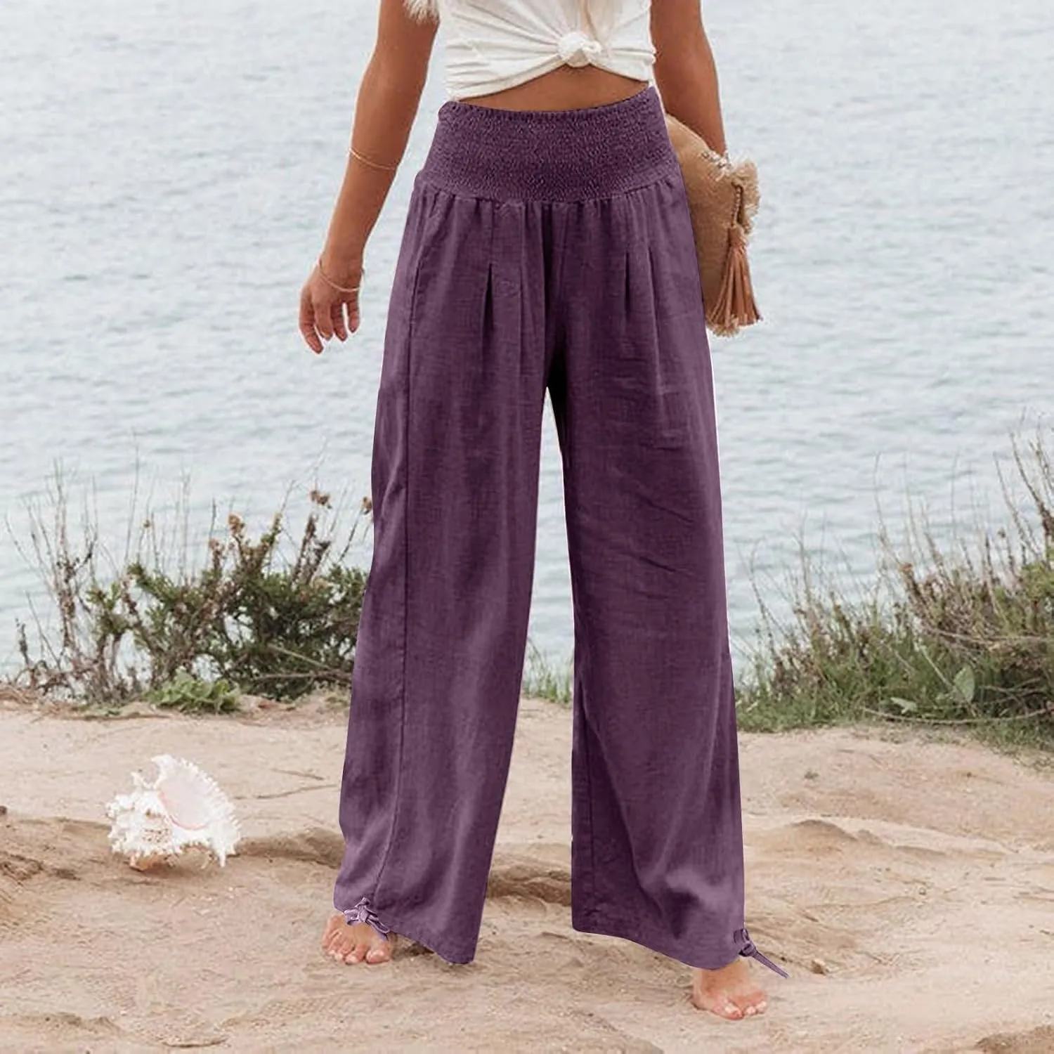 Beach Pants for Women Straight Leg Beach Pants Drawstring Elastic Waist Dressy Joggers Linen Wide Leg Long Trousers