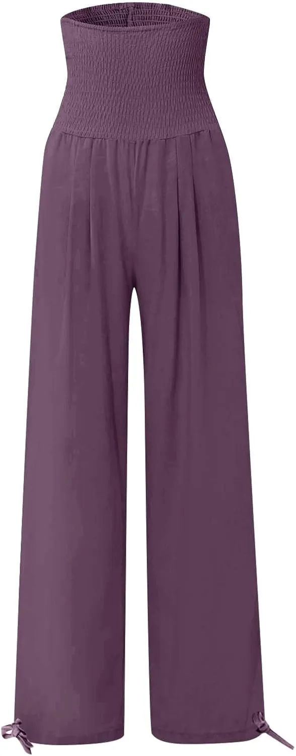 Beach Pants for Women Straight Leg Beach Pants Drawstring Elastic Waist Dressy Joggers Linen Wide Leg Long Trousers