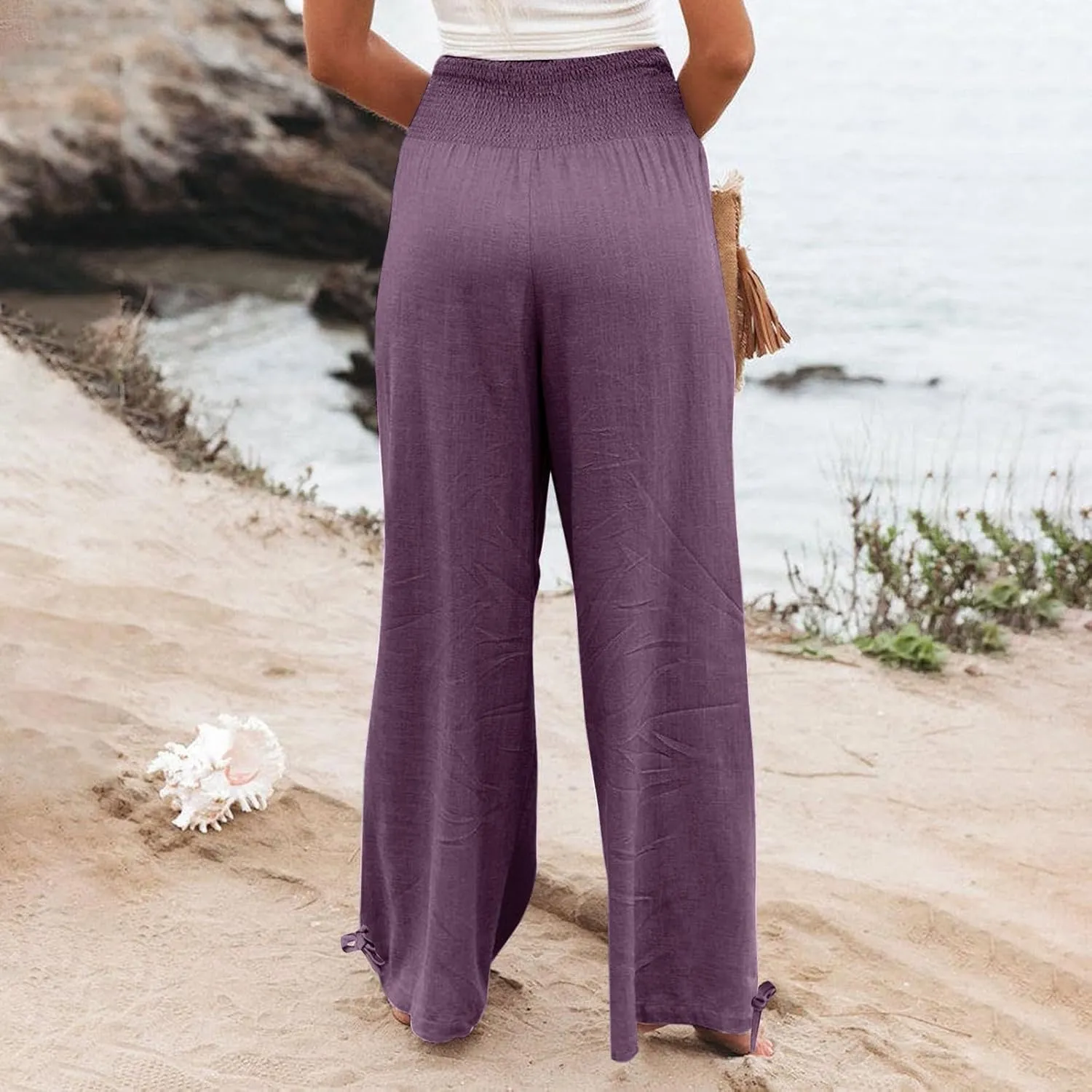 Beach Pants for Women Straight Leg Beach Pants Drawstring Elastic Waist Dressy Joggers Linen Wide Leg Long Trousers