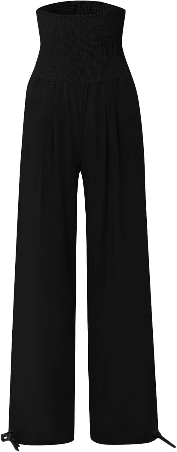Beach Pants for Women Straight Leg Beach Pants Drawstring Elastic Waist Dressy Joggers Linen Wide Leg Long Trousers