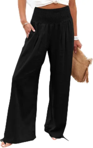 Beach Pants for Women Straight Leg Beach Pants Drawstring Elastic Waist Dressy Joggers Linen Wide Leg Long Trousers