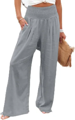 Beach Pants for Women Straight Leg Beach Pants Drawstring Elastic Waist Dressy Joggers Linen Wide Leg Long Trousers