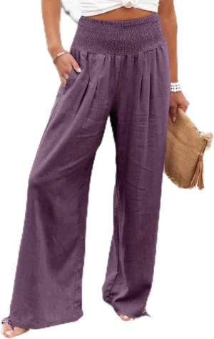 Beach Pants for Women Straight Leg Beach Pants Drawstring Elastic Waist Dressy Joggers Linen Wide Leg Long Trousers
