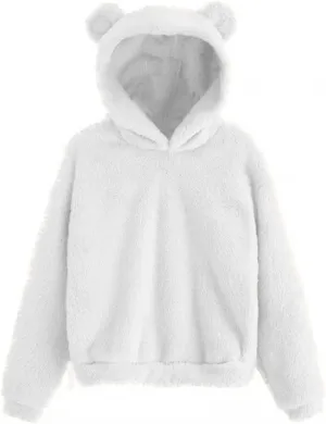Binmer Oversized Sherpa Jacket for Women Fuzzy Fleece Cute Teddy Bear Print Coat Zip Long Sleeve Hooded Outwear with Pocket