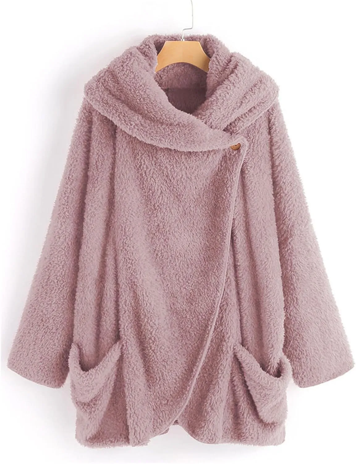 Binmer Oversized Sherpa Jacket for Women Fuzzy Fleece Cute Teddy Bear Print Coat Zip Long Sleeve Hooded Outwear with Pocket