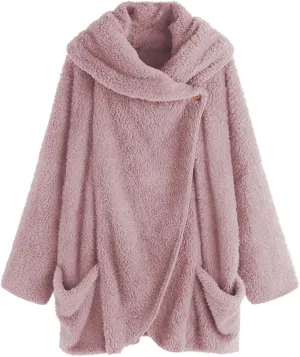 Binmer Oversized Sherpa Jacket for Women Fuzzy Fleece Cute Teddy Bear Print Coat Zip Long Sleeve Hooded Outwear with Pocket