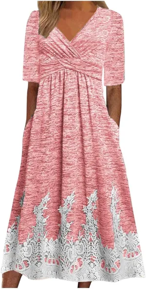 Boho Dresses for Women 2024 Short Sleeve Floral Print Maxi Dress 2024 Summer V Neck Loose Swing Dress with Pockets