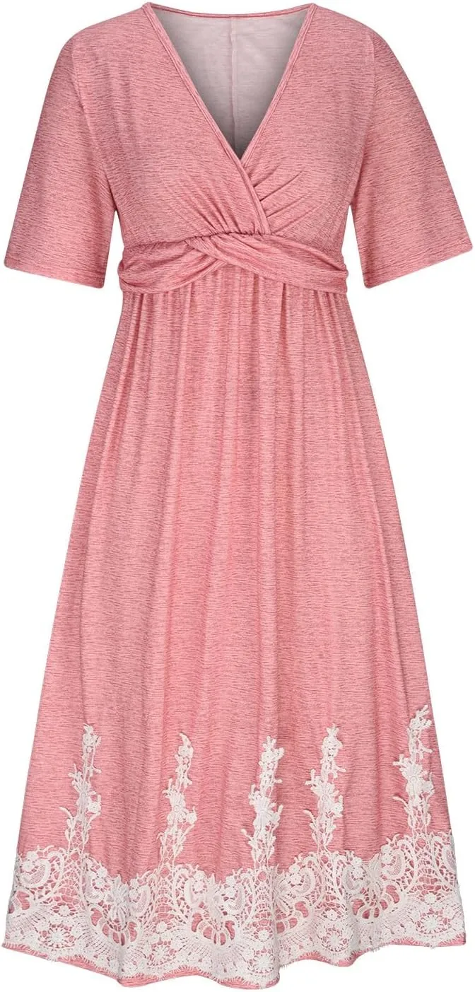 Boho Dresses for Women 2024 Short Sleeve Floral Print Maxi Dress 2024 Summer V Neck Loose Swing Dress with Pockets