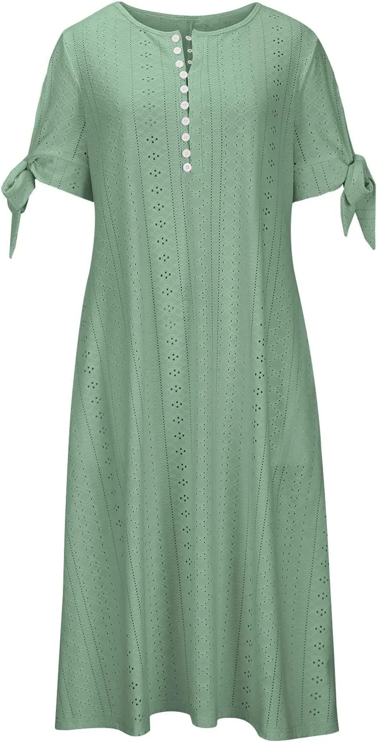 Boho Dresses for Women 2025 Casual Vacation Eyelet Embroidered Midi Dress Comfy Flowy Summer Trendy Beach Sundress