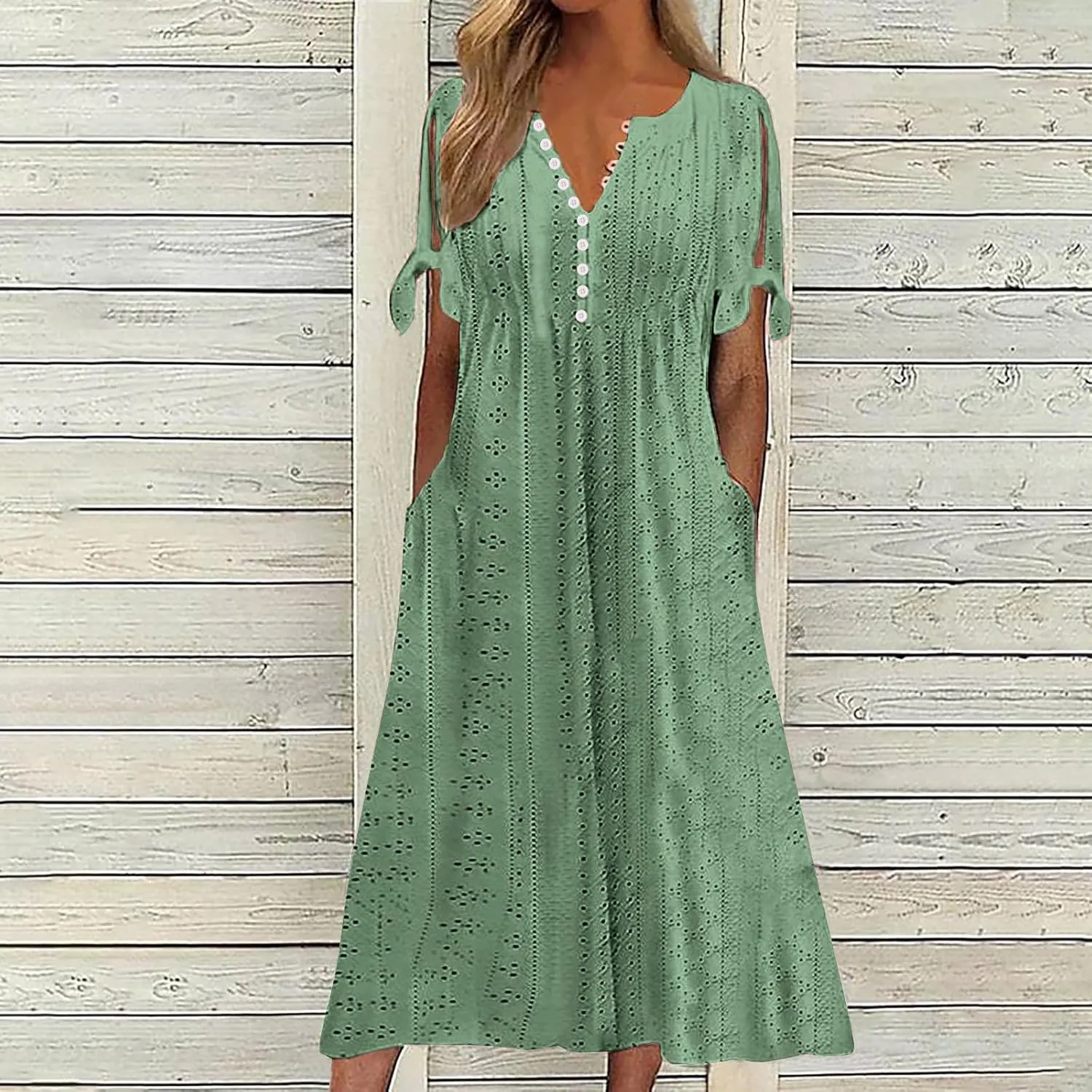 Boho Dresses for Women 2025 Casual Vacation Eyelet Embroidered Midi Dress Comfy Flowy Summer Trendy Beach Sundress