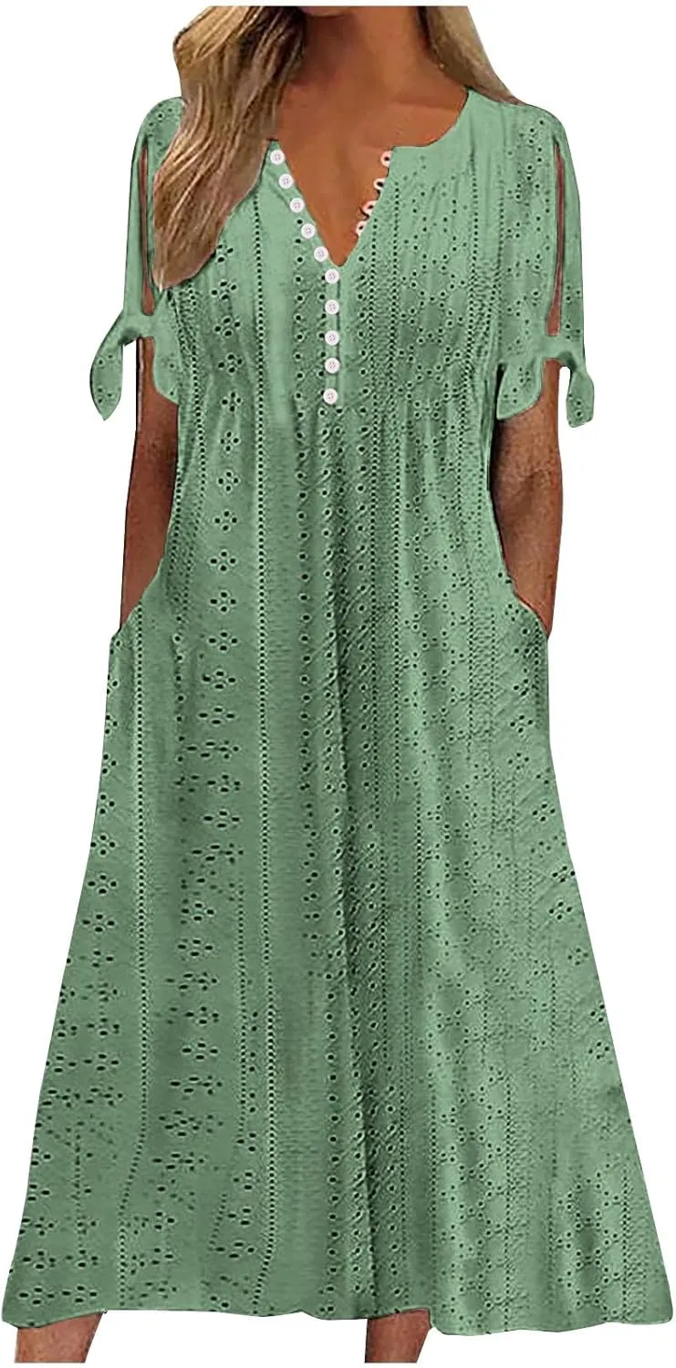 Boho Dresses for Women 2025 Casual Vacation Eyelet Embroidered Midi Dress Comfy Flowy Summer Trendy Beach Sundress