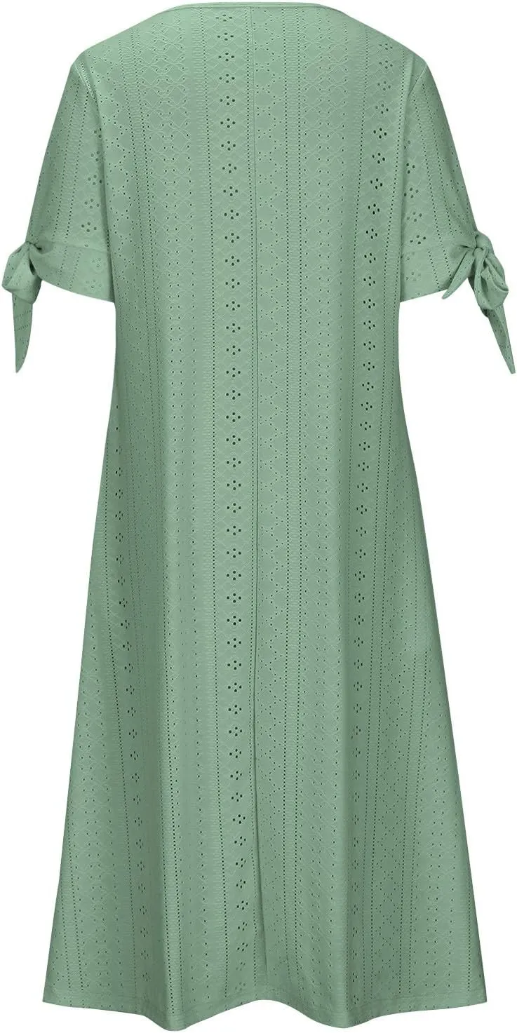 Boho Dresses for Women 2025 Casual Vacation Eyelet Embroidered Midi Dress Comfy Flowy Summer Trendy Beach Sundress