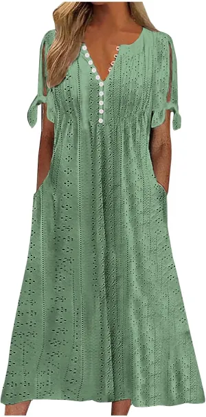 Boho Dresses for Women 2025 Casual Vacation Eyelet Embroidered Midi Dress Comfy Flowy Summer Trendy Beach Sundress