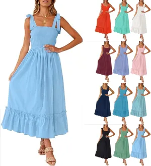 Boho Dresses for Women 2025 Summer Casual Flowy Boho Spaghetti Strap Smocked Empire Waist Tie Up Beach Maxi Dresses