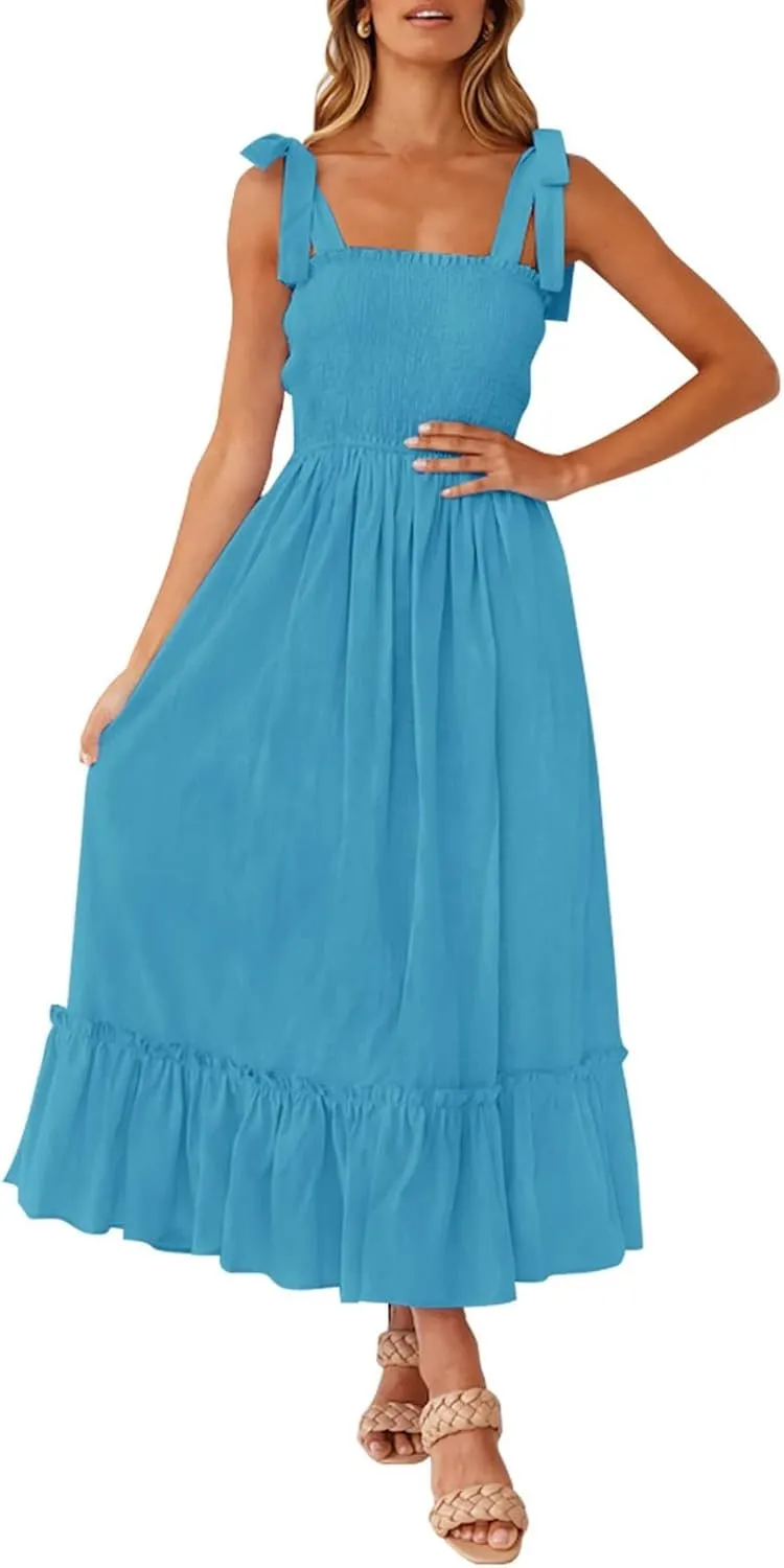 Boho Dresses for Women 2025 Summer Casual Flowy Boho Spaghetti Strap Smocked Empire Waist Tie Up Beach Maxi Dresses
