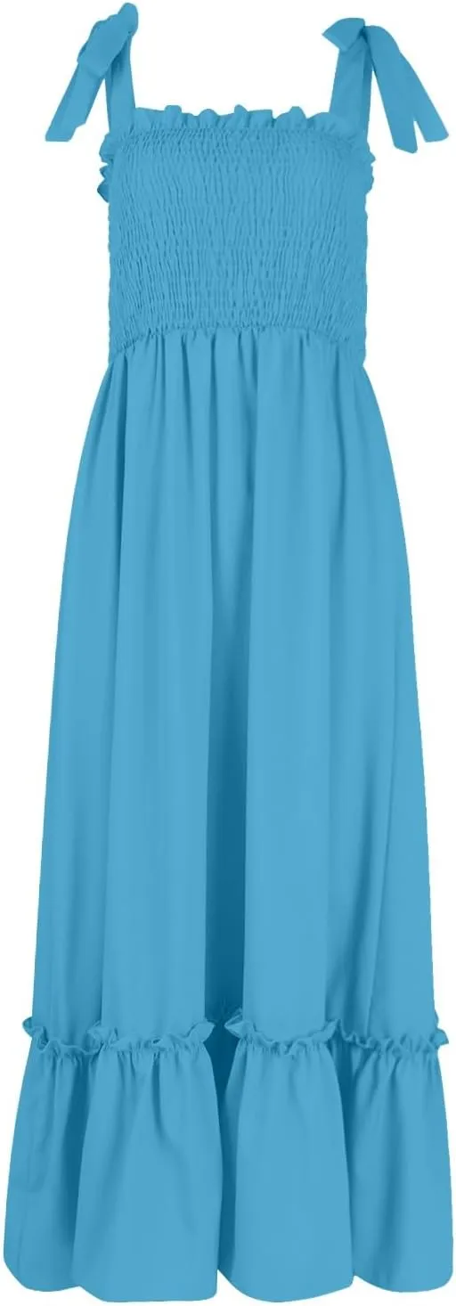 Boho Dresses for Women 2025 Summer Casual Flowy Boho Spaghetti Strap Smocked Empire Waist Tie Up Beach Maxi Dresses