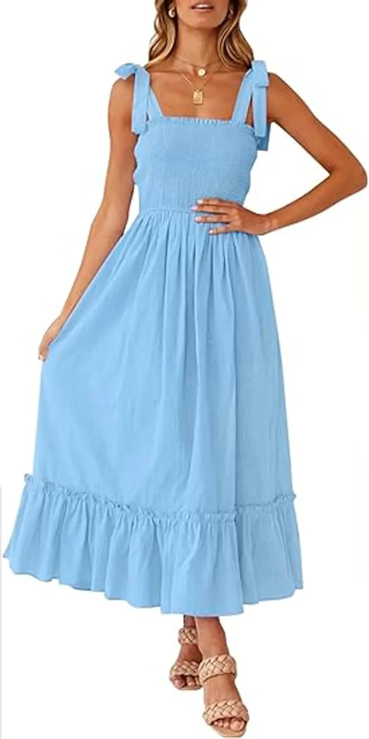 Boho Dresses for Women 2025 Summer Casual Flowy Boho Spaghetti Strap Smocked Empire Waist Tie Up Beach Maxi Dresses