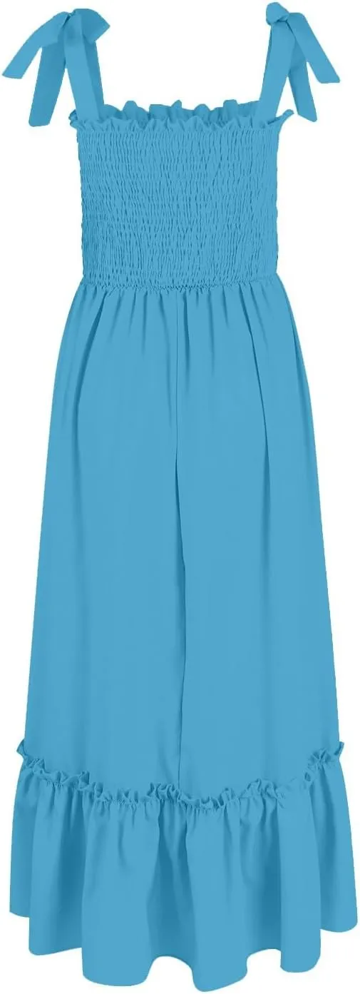 Boho Dresses for Women 2025 Summer Casual Flowy Boho Spaghetti Strap Smocked Empire Waist Tie Up Beach Maxi Dresses