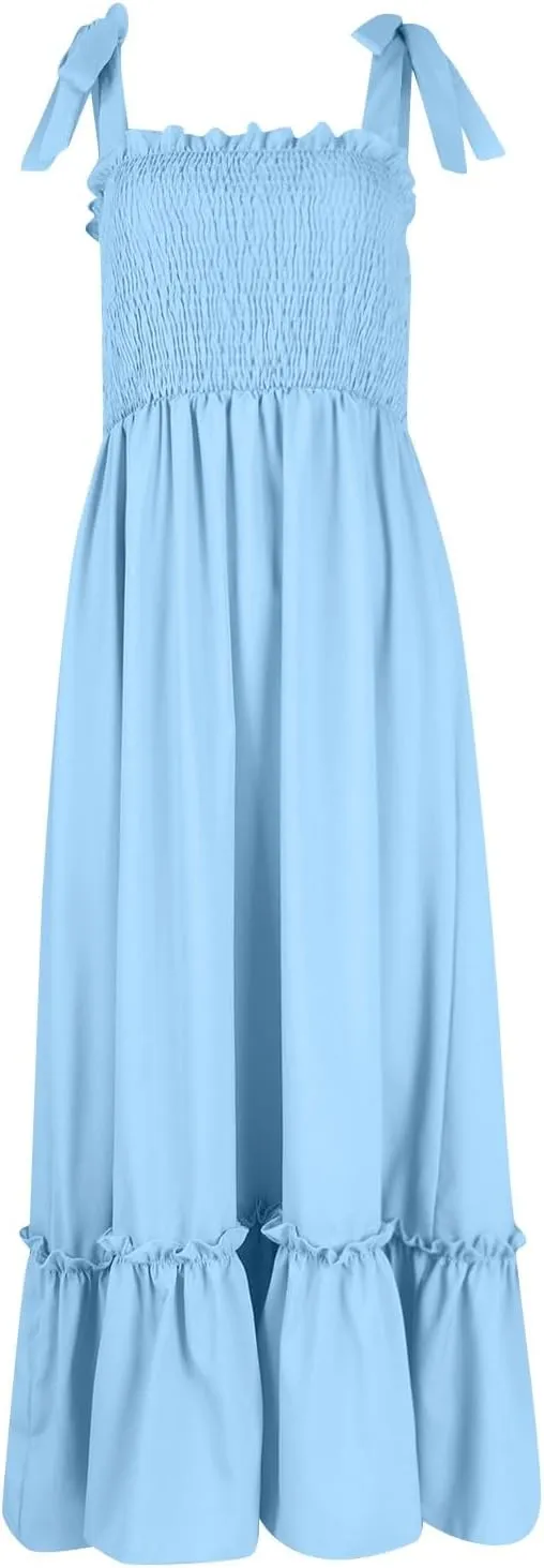 Boho Dresses for Women 2025 Summer Casual Flowy Boho Spaghetti Strap Smocked Empire Waist Tie Up Beach Maxi Dresses