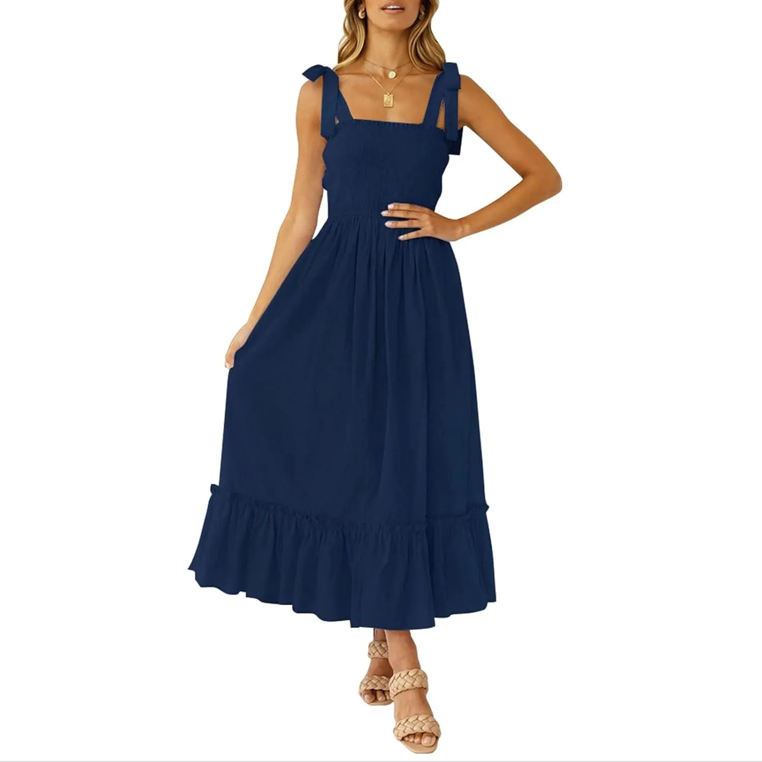 Boho Dresses for Women 2025 Summer Casual Flowy Boho Spaghetti Strap Smocked Empire Waist Tie Up Beach Maxi Dresses