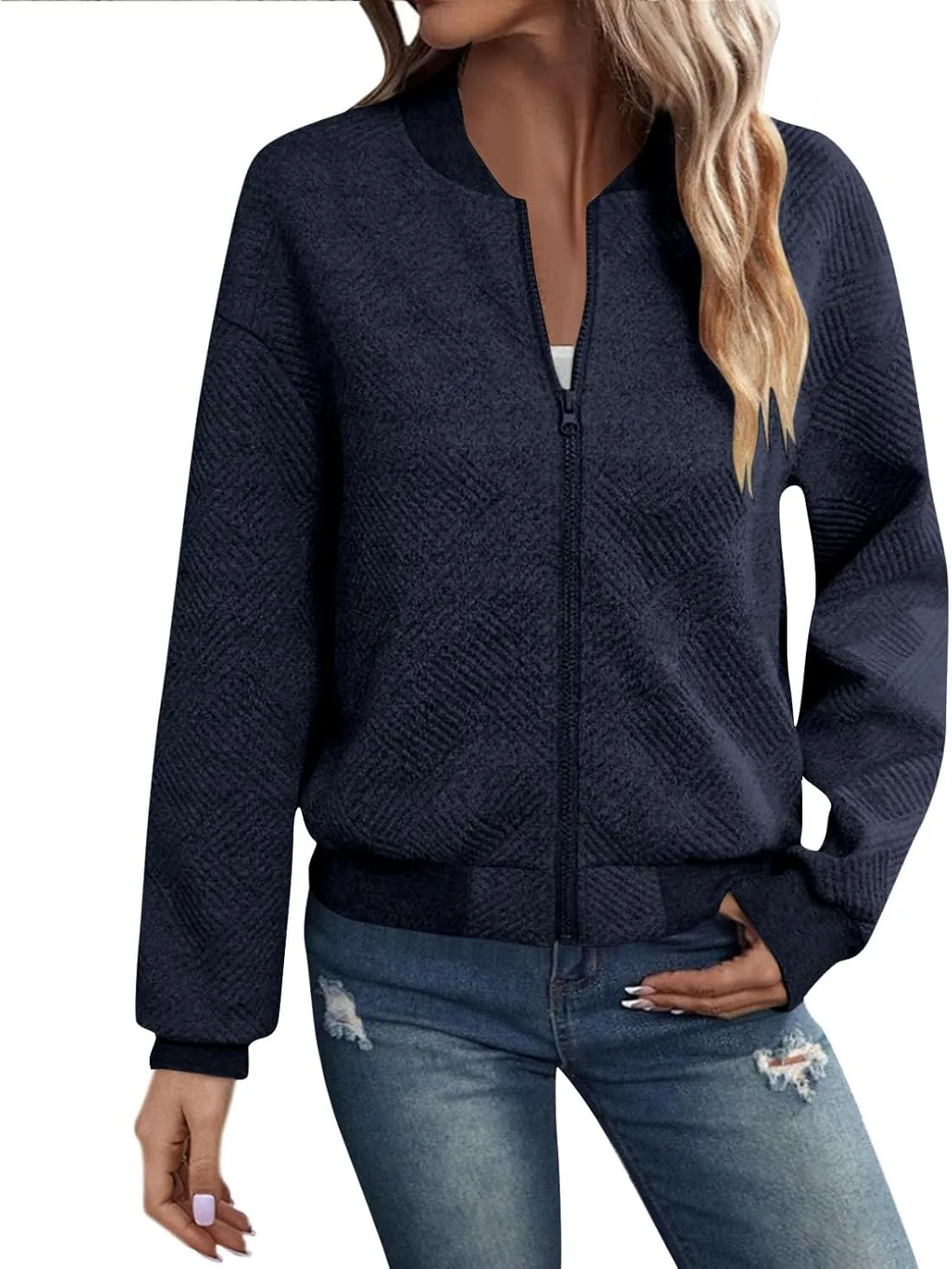 Bomber Jacket Women Lightweight Zip Up Quilted Jackets Fall 2024 Dressy Casual Full Zip Hoodies with Hidden Pockets