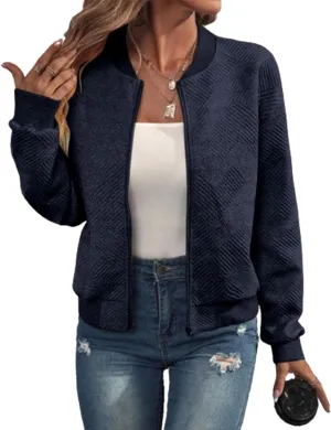 Bomber Jacket Women Lightweight Zip Up Quilted Jackets Fall 2024 Dressy Casual Full Zip Hoodies with Hidden Pockets