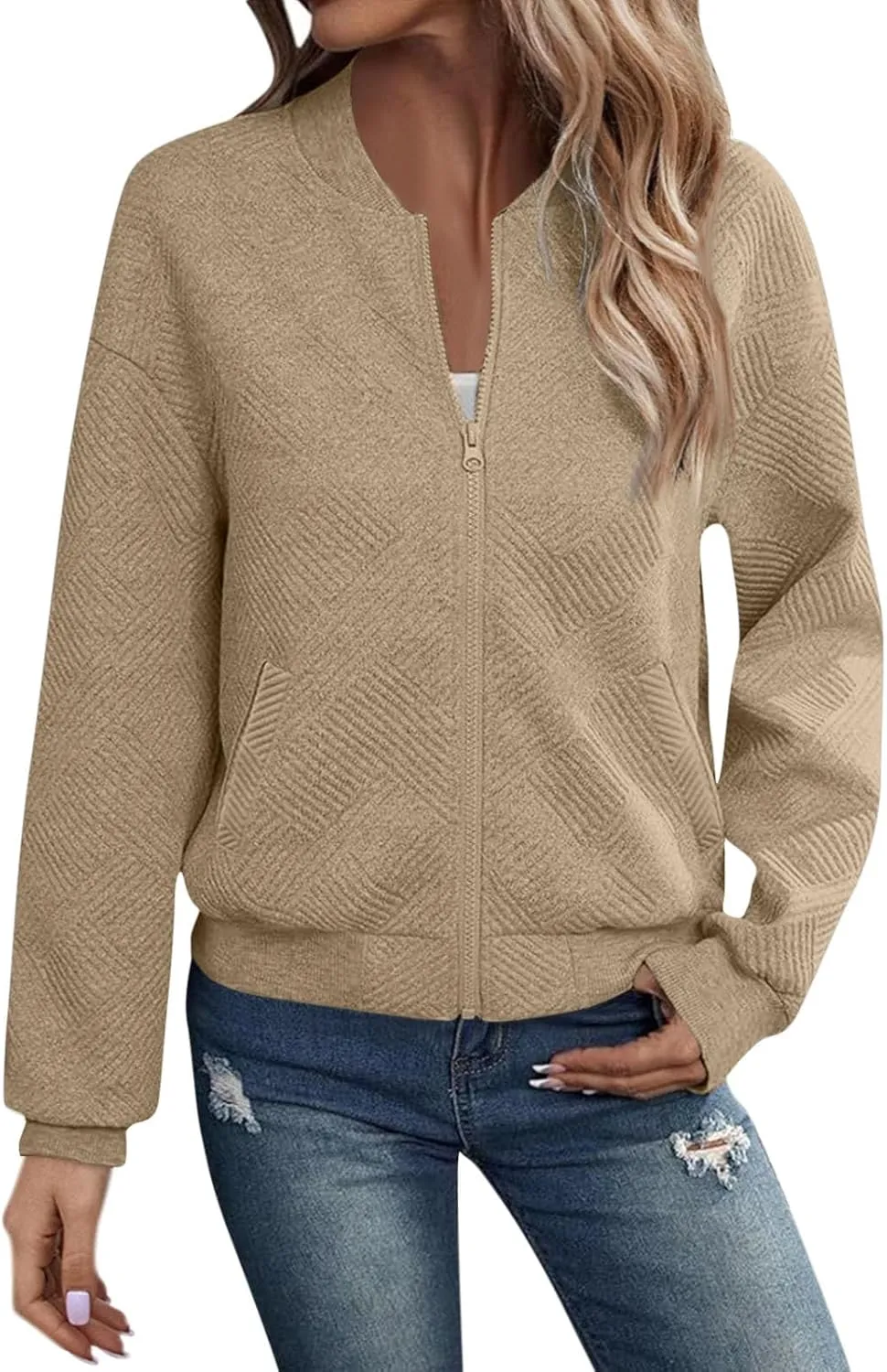 Bomber Jacket Women Lightweight Zip Up Quilted Jackets Fall 2024 Dressy Casual Full Zip Hoodies with Hidden Pockets