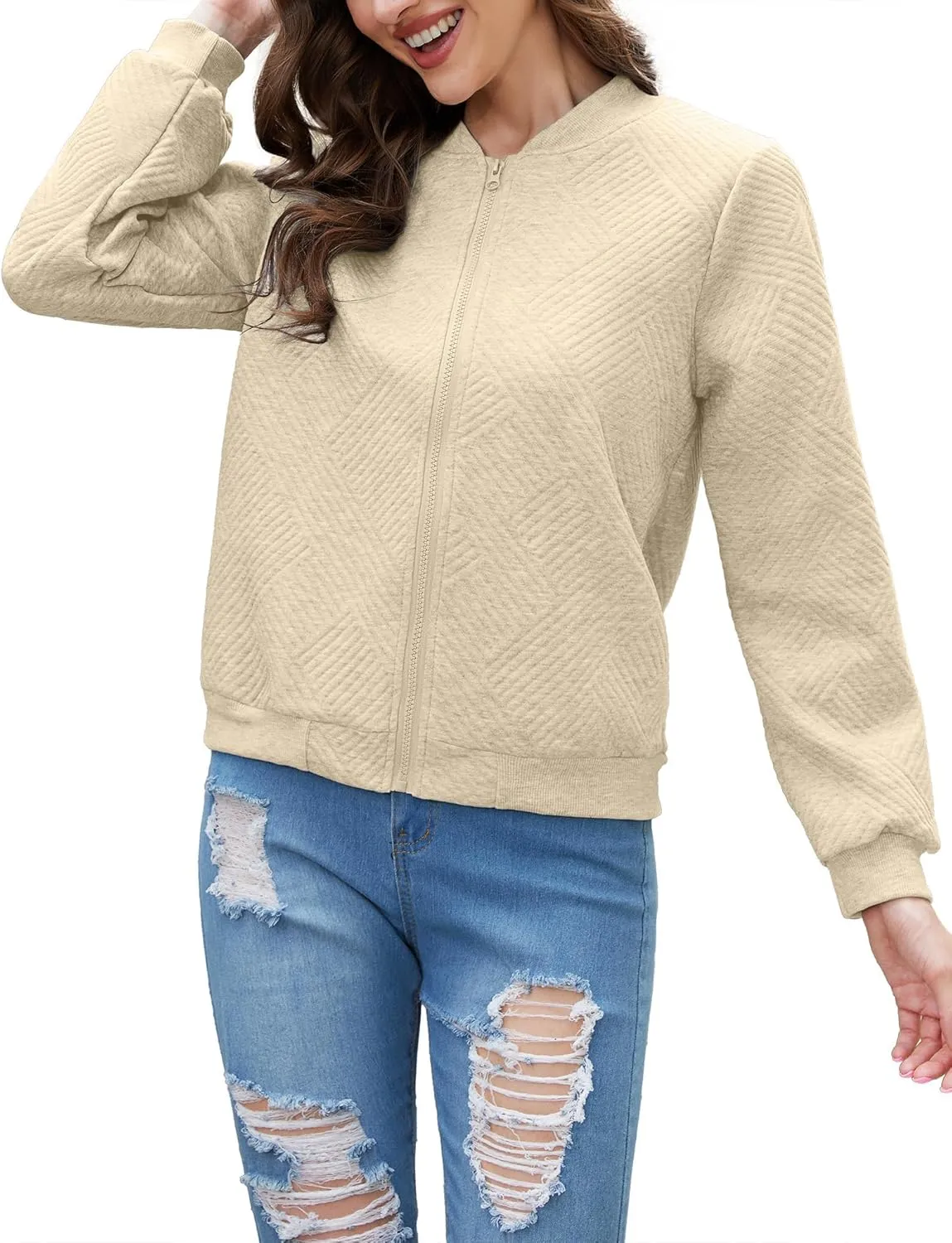 Bomber Jacket Women Lightweight Zip Up Quilted Jackets Fall 2024 Dressy Casual Full Zip Hoodies with Hidden Pockets