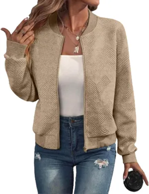 Bomber Jacket Women Lightweight Zip Up Quilted Jackets Fall 2024 Dressy Casual Full Zip Hoodies with Hidden Pockets