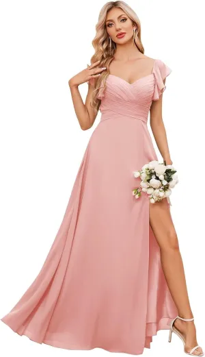 BONOYUER Chiffon Bridesmaid Dresses for Wedding Ruffle Sleeves V Neck Formal Wedding Guest Dress with Slit