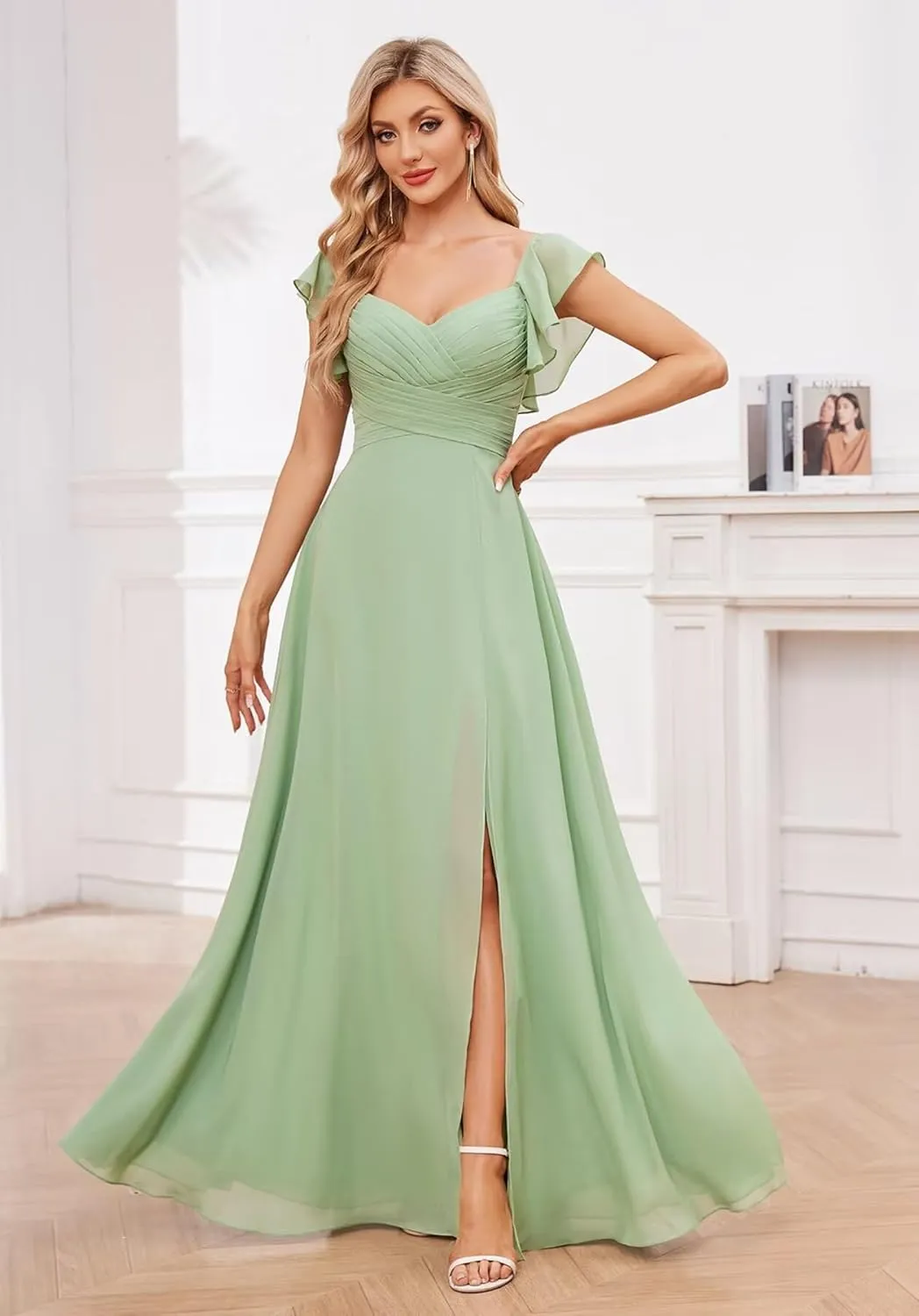 BONOYUER Chiffon Bridesmaid Dresses for Wedding Ruffle Sleeves V Neck Formal Wedding Guest Dress with Slit