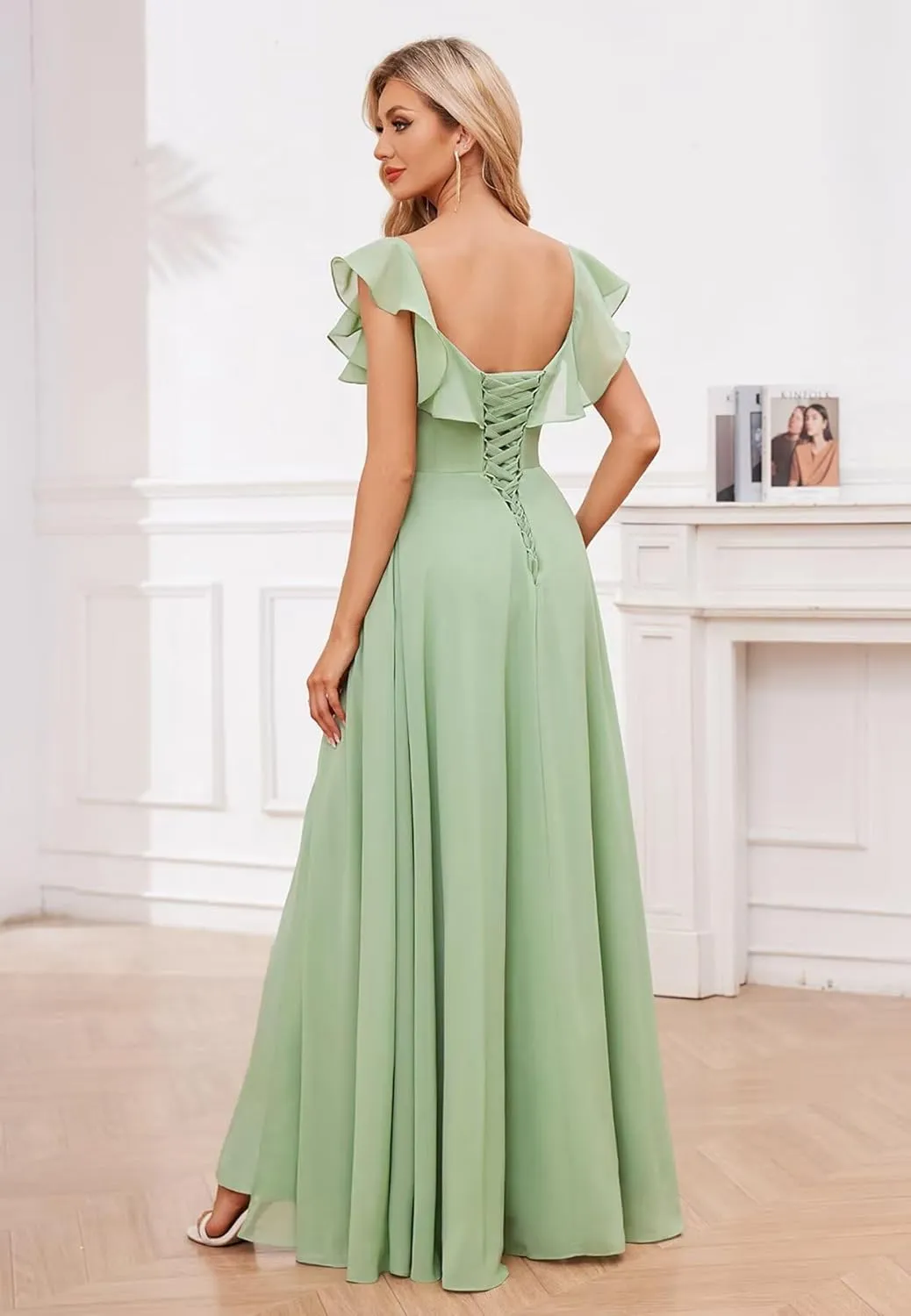 BONOYUER Chiffon Bridesmaid Dresses for Wedding Ruffle Sleeves V Neck Formal Wedding Guest Dress with Slit