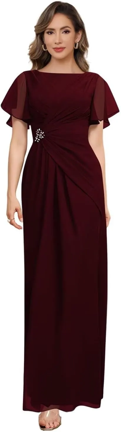 BRITALY Mother of The Bride Dresses for Women Chiffon Short Sleeve Pleated Waist Long Wedding Party Dress