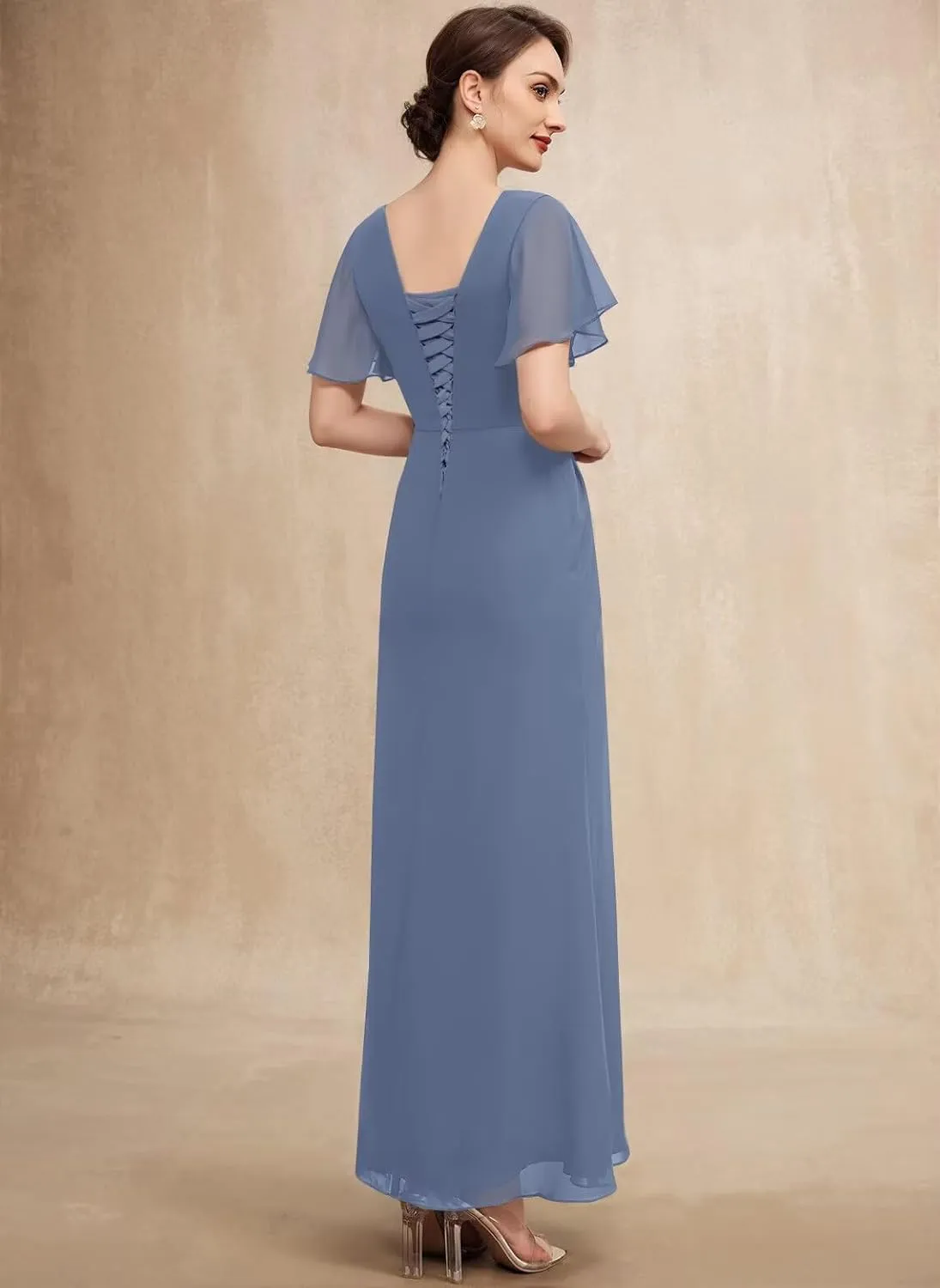 BRITALY Mother of The Bride Dresses for Women Chiffon Short Sleeve Pleated Waist Long Wedding Party Dress
