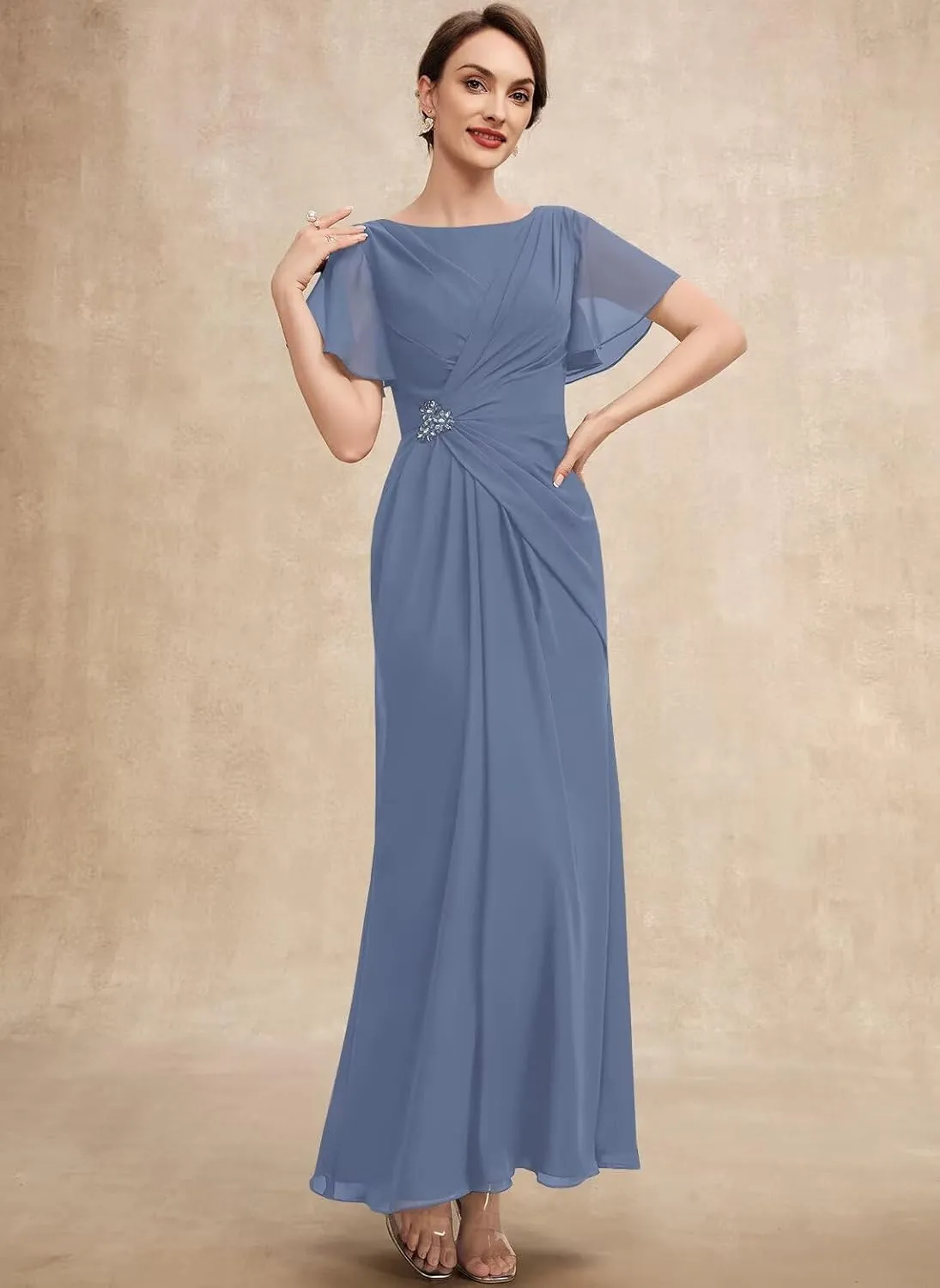 BRITALY Mother of The Bride Dresses for Women Chiffon Short Sleeve Pleated Waist Long Wedding Party Dress