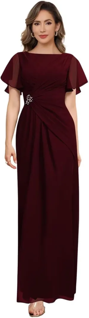 BRITALY Mother of The Bride Dresses for Women Chiffon Short Sleeve Pleated Waist Long Wedding Party Dress