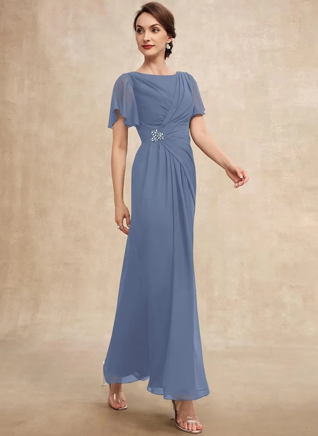 BRITALY Mother of The Bride Dresses for Women Chiffon Short Sleeve Pleated Waist Long Wedding Party Dress