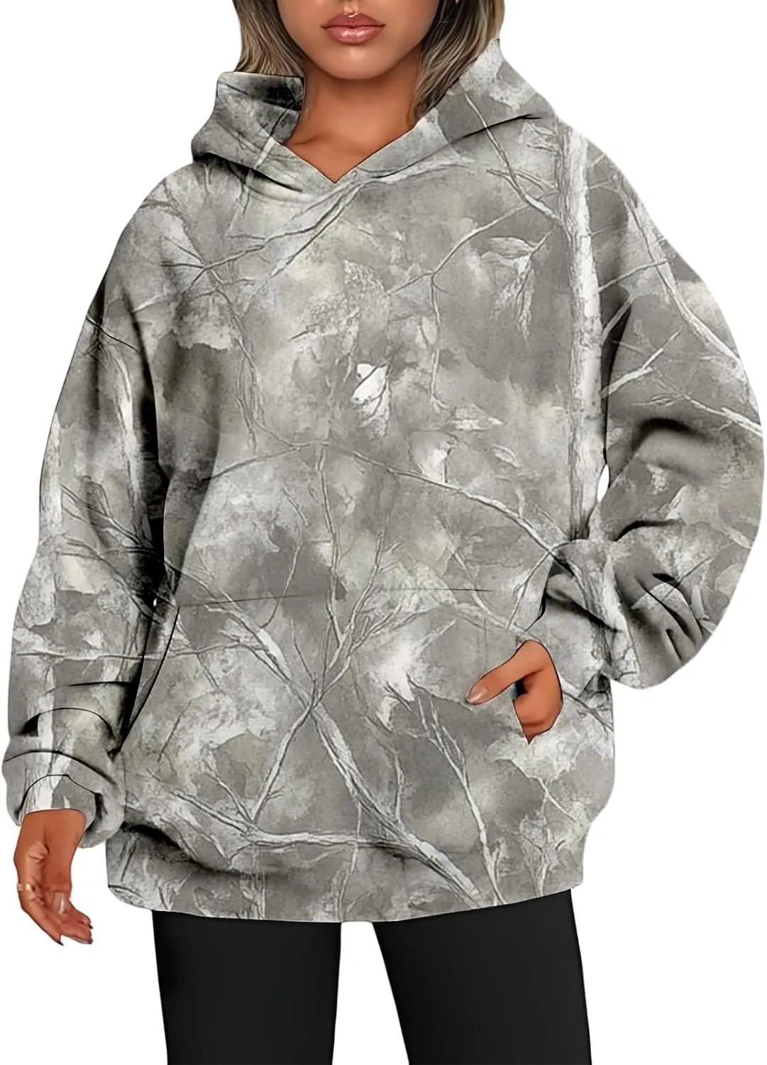 Camo Hoodie Womens 2024 Maple Leaf Print Oversized Hooded Sweatshirt Casual Long Sleeve Graphic Pullover Tops Shirt