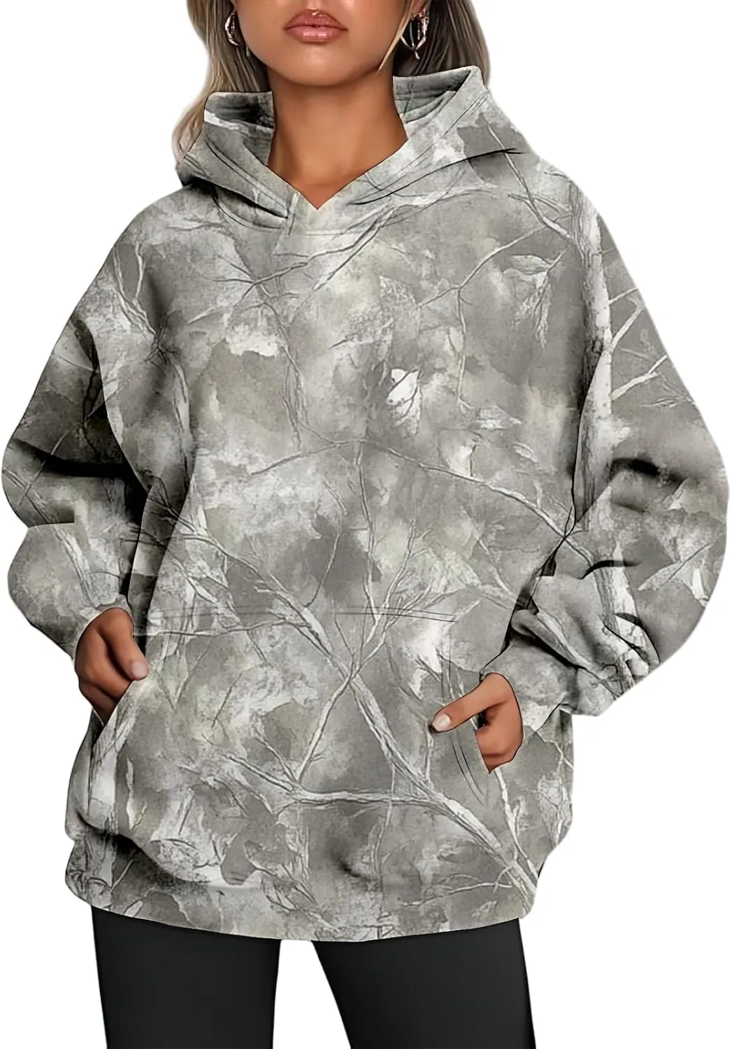 Camo Hoodie Womens 2024 Maple Leaf Print Oversized Hooded Sweatshirt Casual Long Sleeve Graphic Pullover Tops Shirt