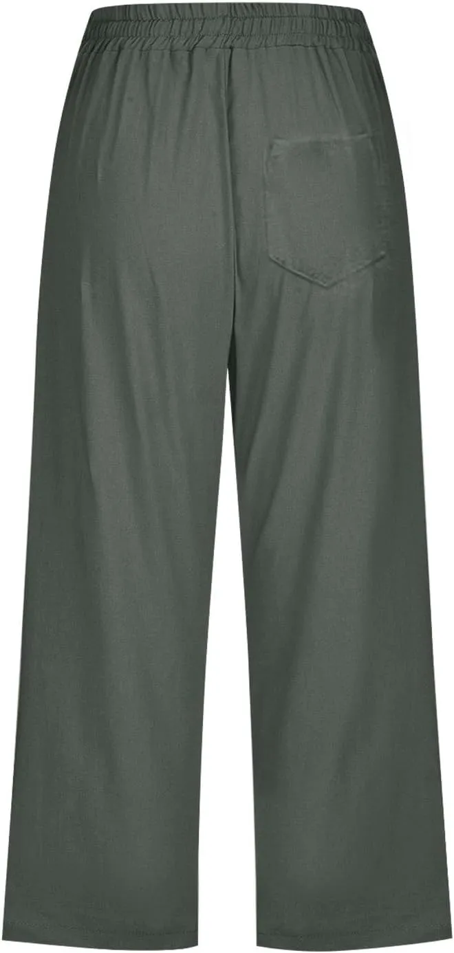Capri Pants for Women Casual 2025 Summer Drawstring Elastic High Waist Linen Pant Straight Wide Leg Cropped Trouser
