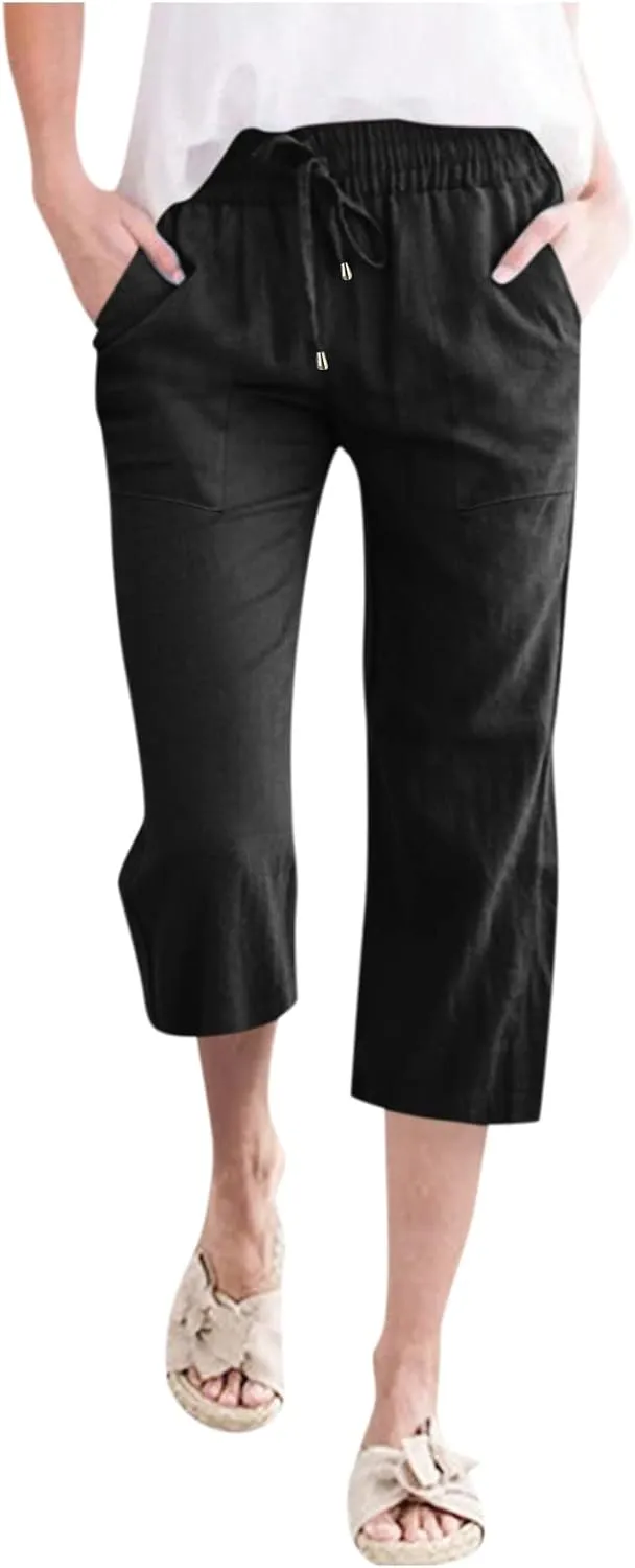 Capri Pants for Women Cotton Linen Casual Summer 2025 Wide Leg Loose Drawstring Elastic Waist Cropped Trousers