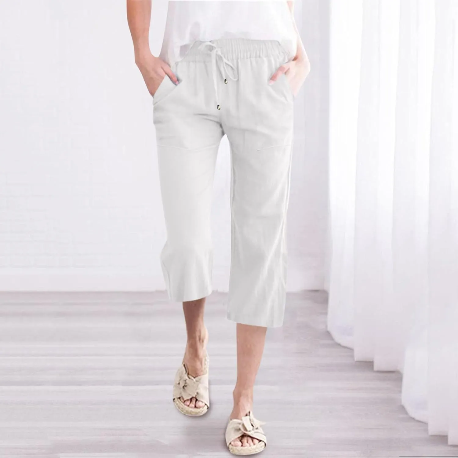 Capri Pants for Women Cotton Linen Casual Summer 2025 Wide Leg Loose Drawstring Elastic Waist Cropped Trousers