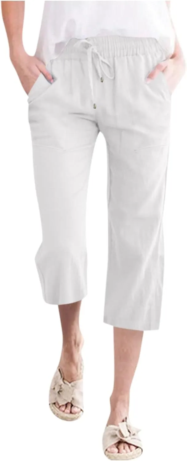 Capri Pants for Women Cotton Linen Casual Summer 2025 Wide Leg Loose Drawstring Elastic Waist Cropped Trousers
