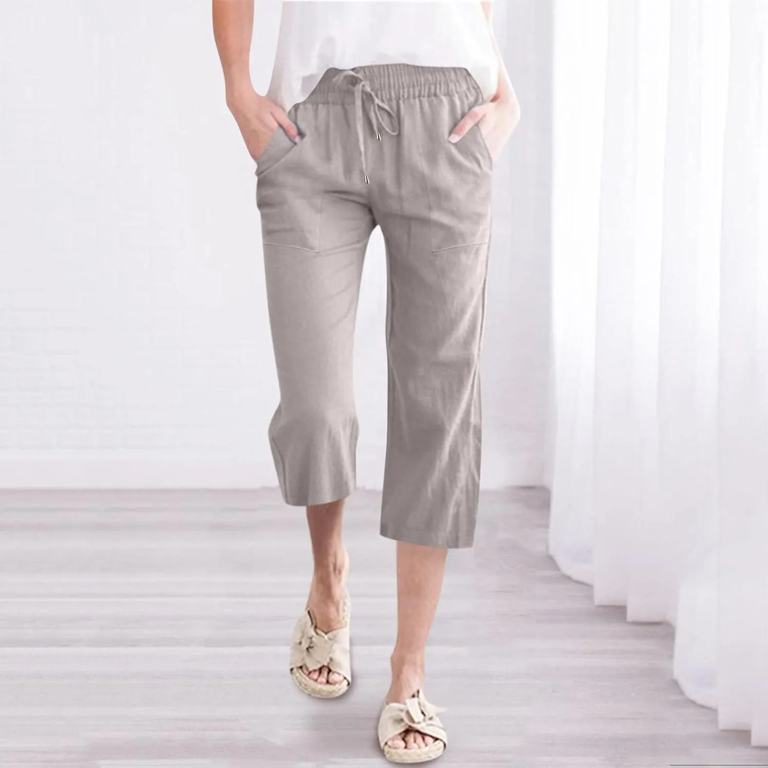 Capri Pants for Women Cotton Linen Casual Summer 2025 Wide Leg Loose Drawstring Elastic Waist Cropped Trousers